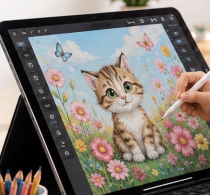 Иллюстрация котёнка, нарисованная на iPad