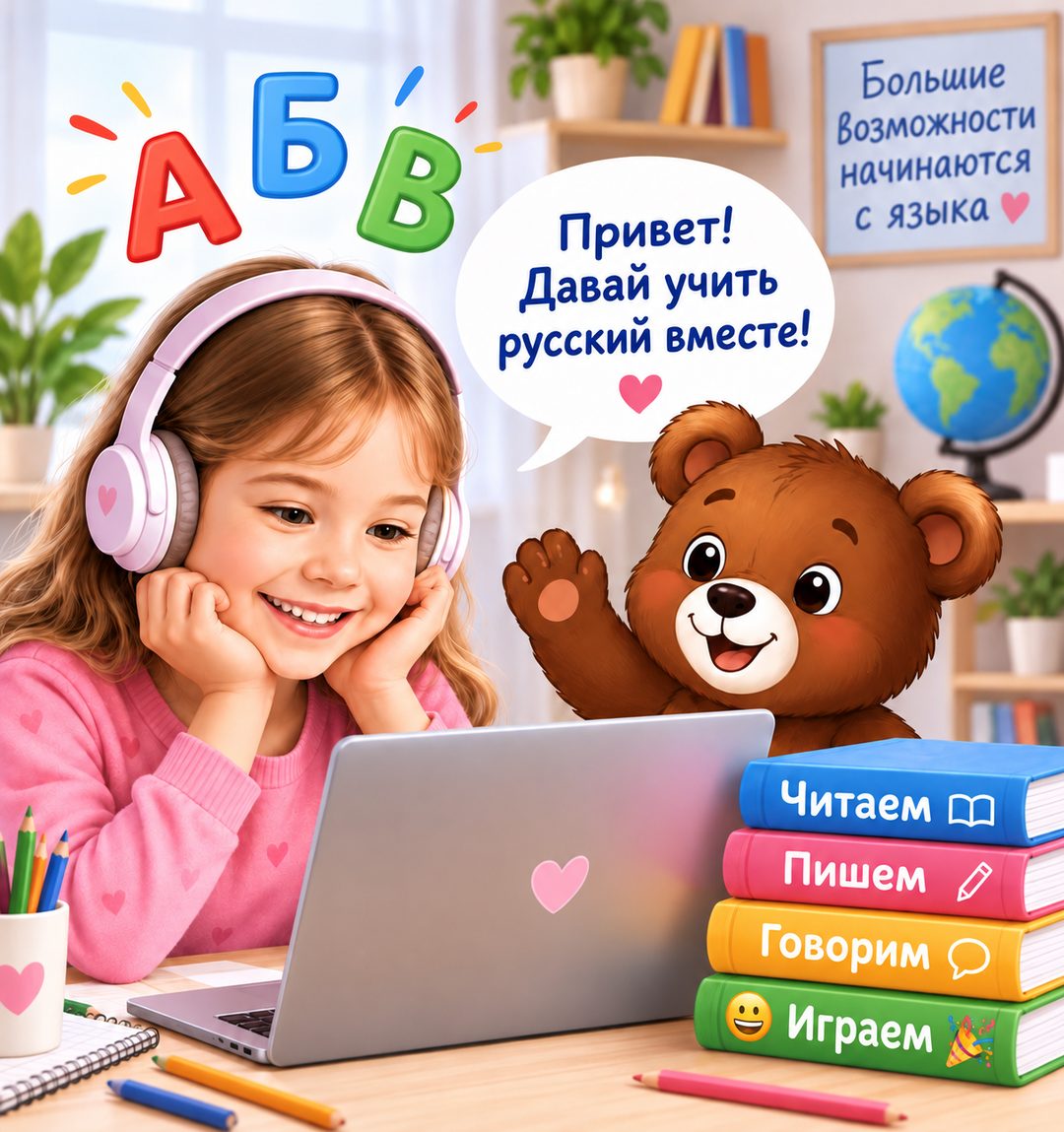 A child in headphones smiling at a laptop during a Russian lesson, with letters А Б В above her
